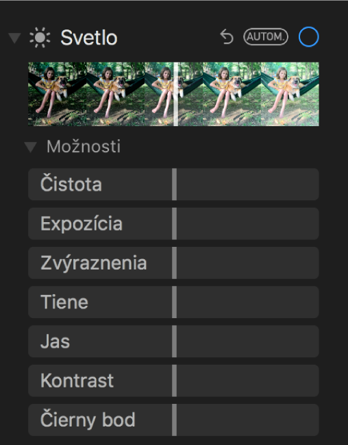 Oblasť Svetlo na paneli Úpravy zobrazujúca posuvníky pre nastavenia Odlesky, Expozícia, Zvýraznenia, Tiene, Jas, Kontrast a Čierny bod.