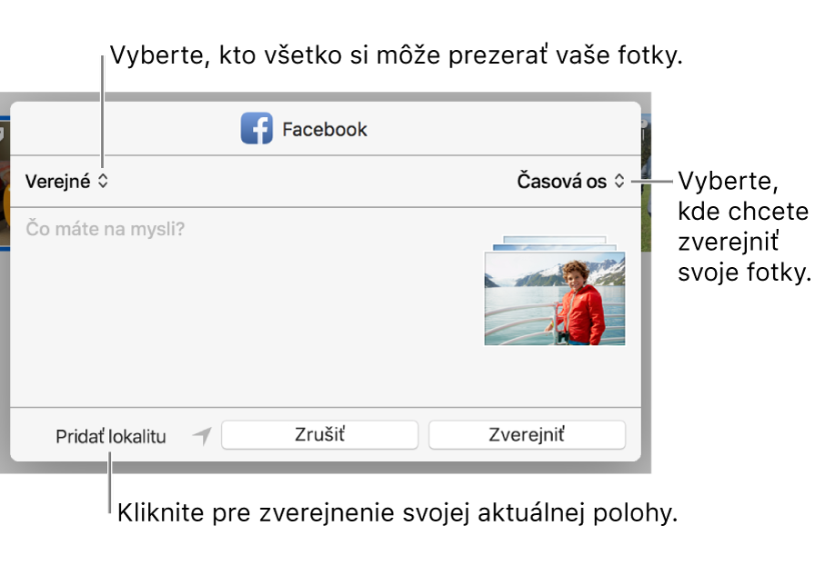 Dialógové okno zdieľania na Facebooku.