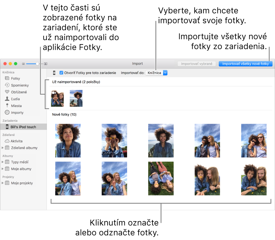 Fotky v zariadení, ktoré ste už naimportovali, sa zobrazia v hornej časti panela a nové fotky sú v spodnej časti. V hornej časti v strede je vyskakovacie menu Importovať do. Tlačidlo Importovať všetky nové fotky je v pravom hornom rohu.