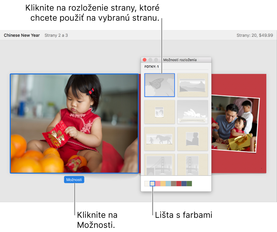 Dvojstránka knihy a okno Možnosti rozloženia zobrazené pred ňou.