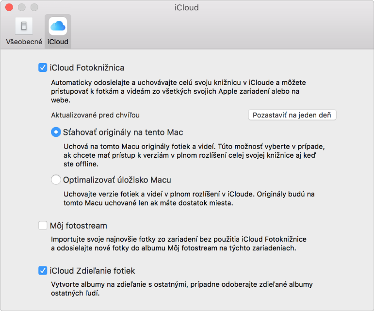 Panel iCloud v nastaveniach aplikácie Fotky.