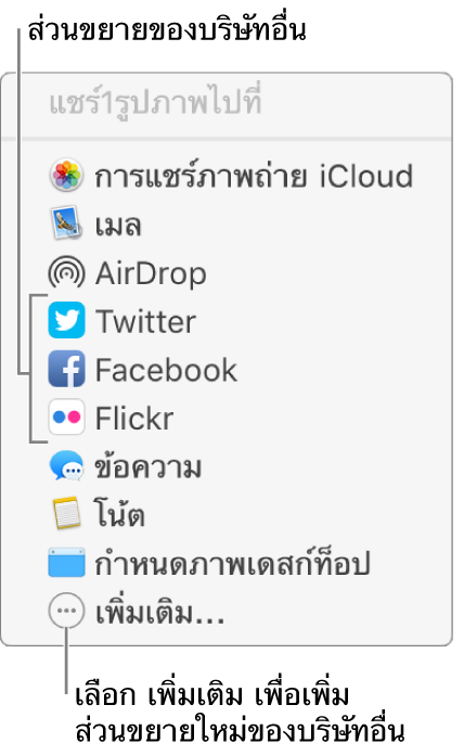 เมนูแชร์ที่แสดงส่วนขยายของบริษัทอื่น เช่น Flickr