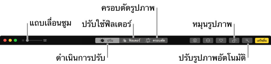 เครื่องมือแก้ไขซึ่งแสดงปุ่มต่างๆ สำหรับการปรับการแสดง ฟิลเตอร์ และตัวเลือกการครอบตัด