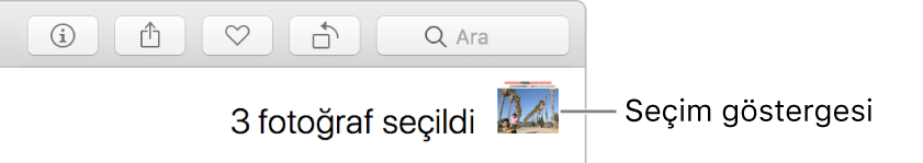 Seçili üç fotoğraf olduğunu gösteren seçim göstergesi.