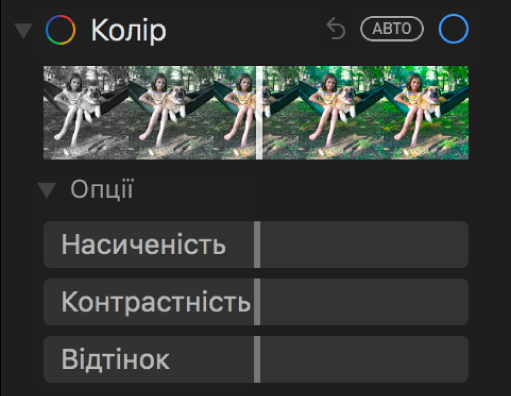 Ділянка «Колір» панелі «Коригувати» з повзунками «Насиченість», «Контрастність» і «Відтінок».