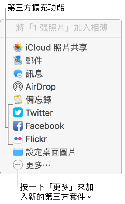 顯示第三方延伸功能的「分享」選單，如 Flickr。