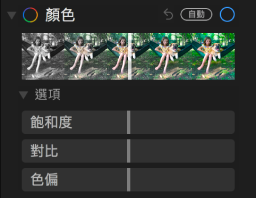 「調整」面板的「顏色」區域顯示「飽和度」、「對比」和「色偏」的滑桿。