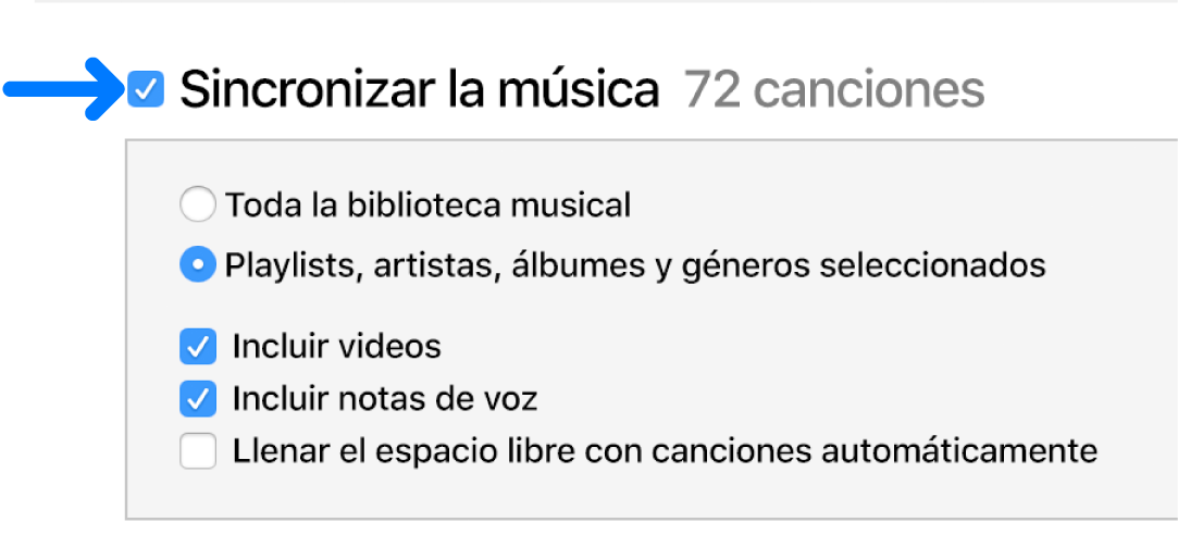 La opción "Sincronizar música" ubicada en la esquina superior izquierda está seleccionada con opciones para sincronizar la biblioteca entera o sólo los elementos sincronizados.