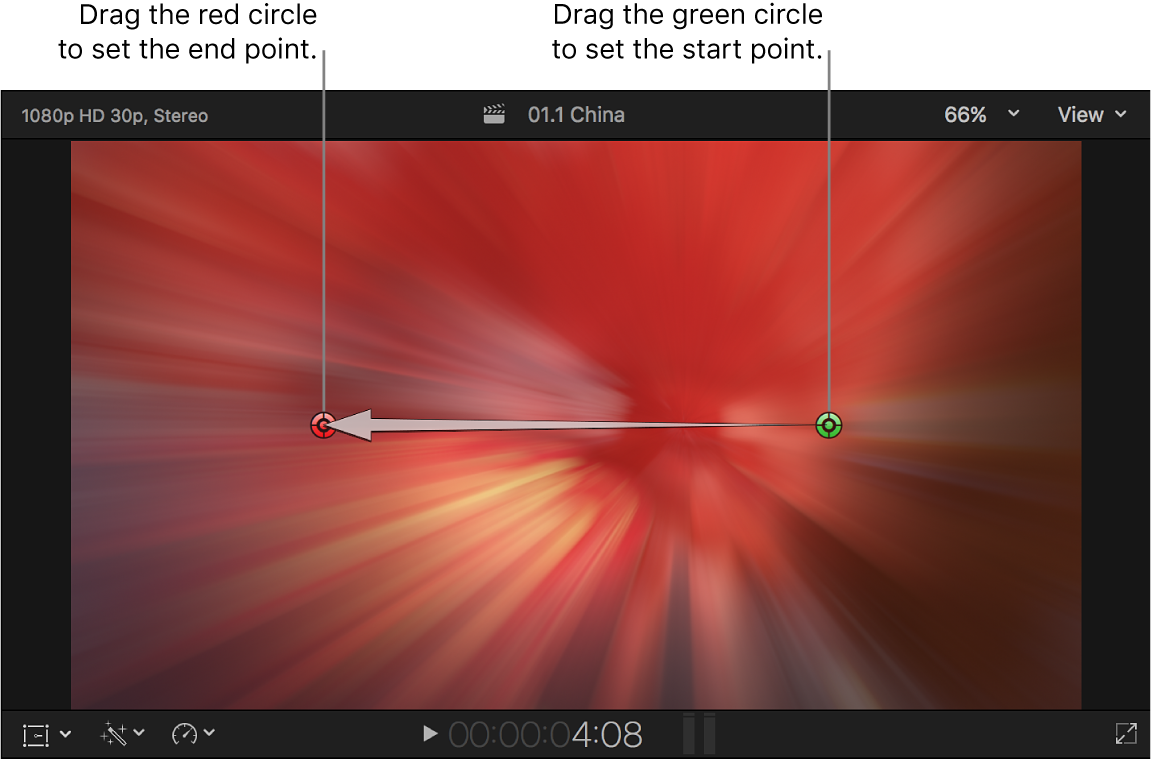 Der Viewer mit den Onscreen-Steuerelementen des Übergangs „Zoom & Pan“