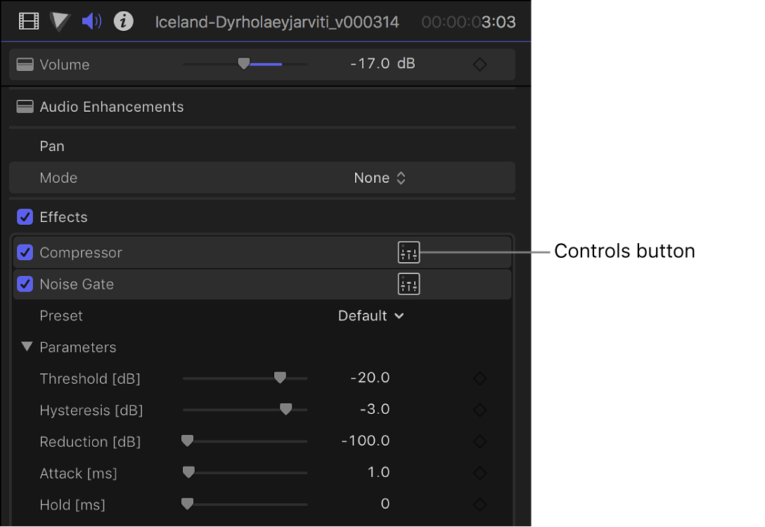 The Controls button for an effect in the Effects section of the Audio inspector