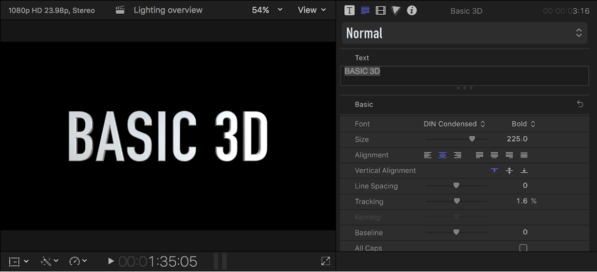 A 3D title in the viewer, with default settings shown in the Text inspector