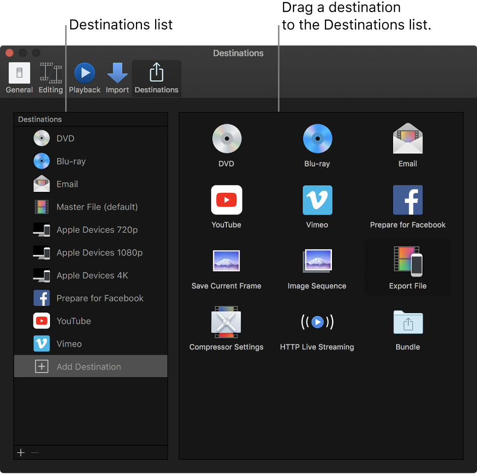 The Destinations pane of the Preferences window showing Add Destination selected in the list on the left