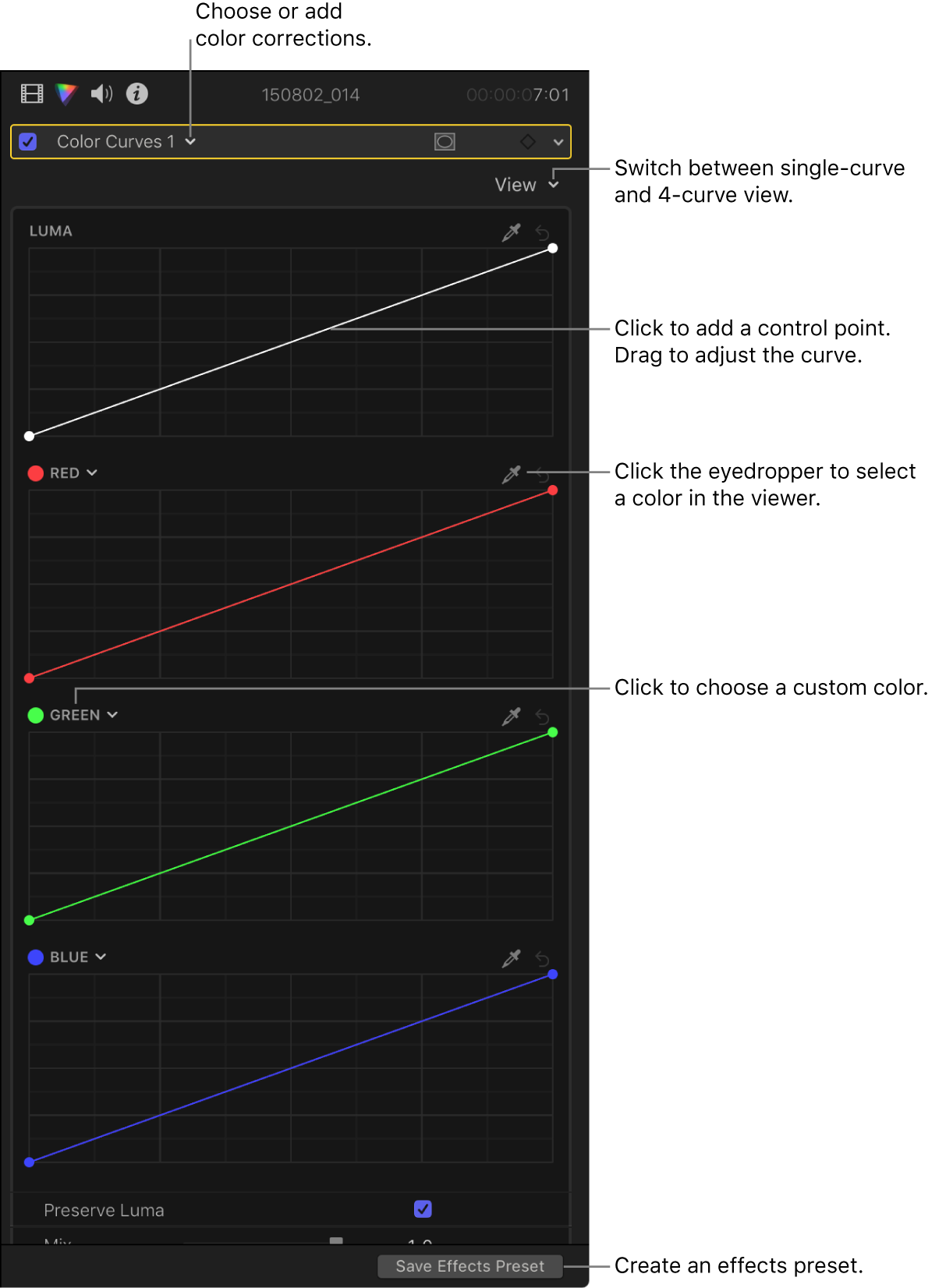 Color Curves controls in the Color inspector