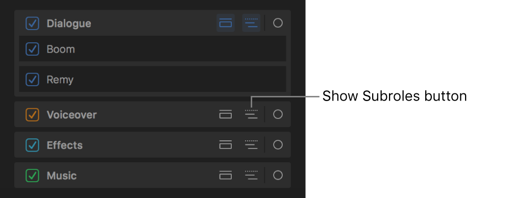 The Show Subroles button for a role in the Roles pane of the timeline index