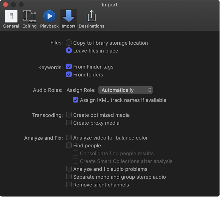 The Import pane of the Preferences window