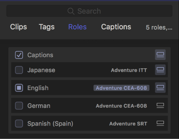 The Roles pane of the timeline index showing caption language subroles