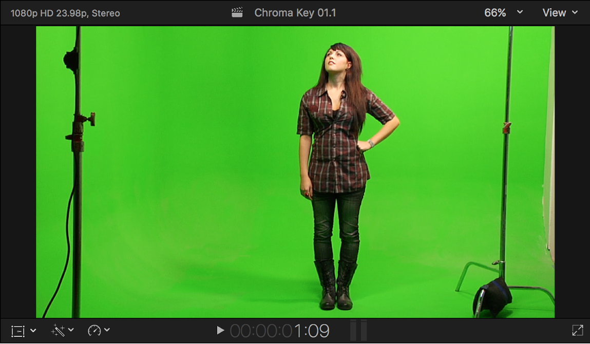 The viewer showing chroma key foreground video of a woman standing in front of a green background