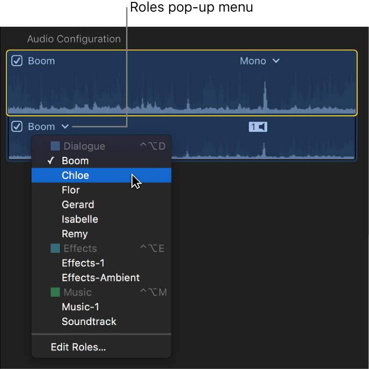 El menú desplegable Funciones de un componente de audio