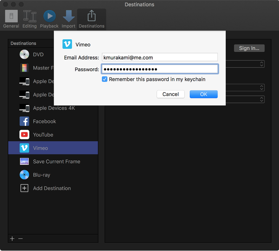 Una ventana para introducir el nombre de cuenta y la contraseña de Vimeo para un destino de Vimeo