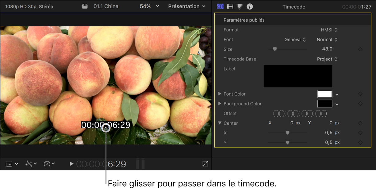 Visualiseur à gauche montrant une image vidéo avec le timecode superposé, et inspecteur de générateur à droite reprenant les réglages du plan de générateur de timecode