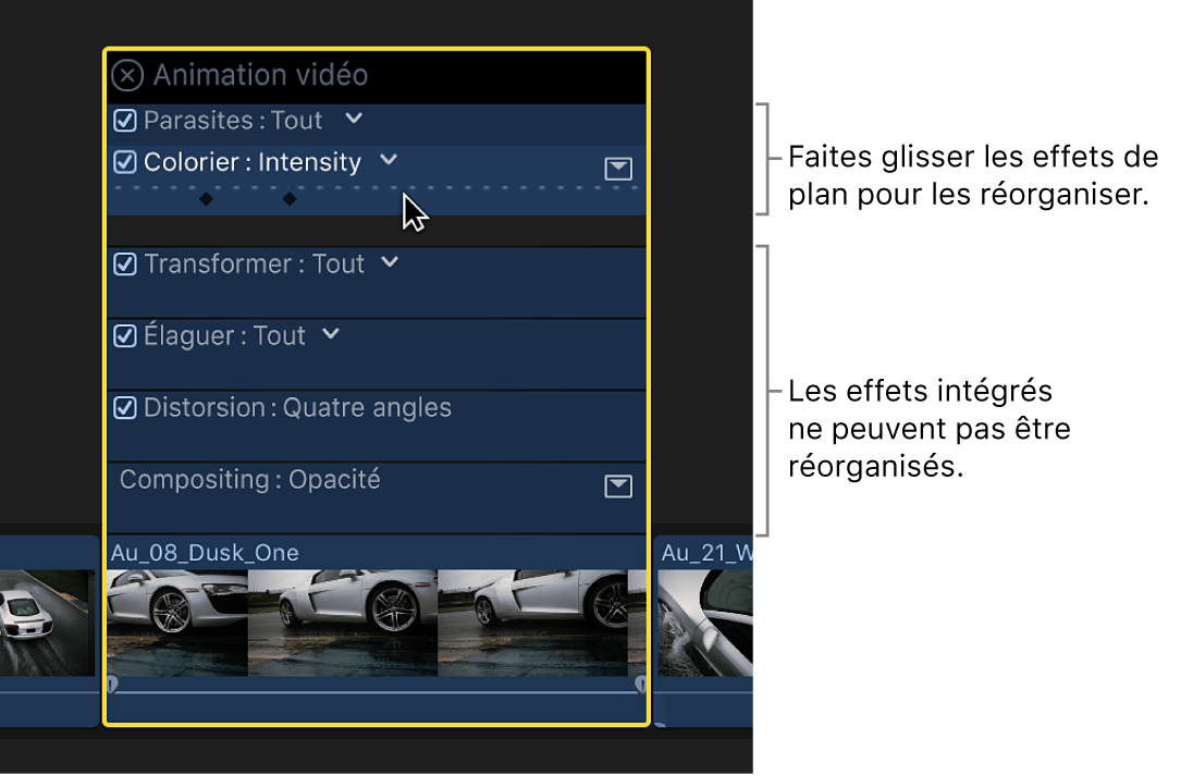 Glissement d’un effet dans l’éditeur d’animation vidéo