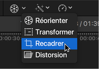 Élément du menu Recadrer permettant d’accéder aux commandes Élaguer, Recadrer et Ken Burns