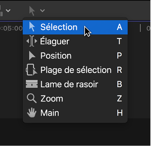 Outil de sélection dans le menu local Outils