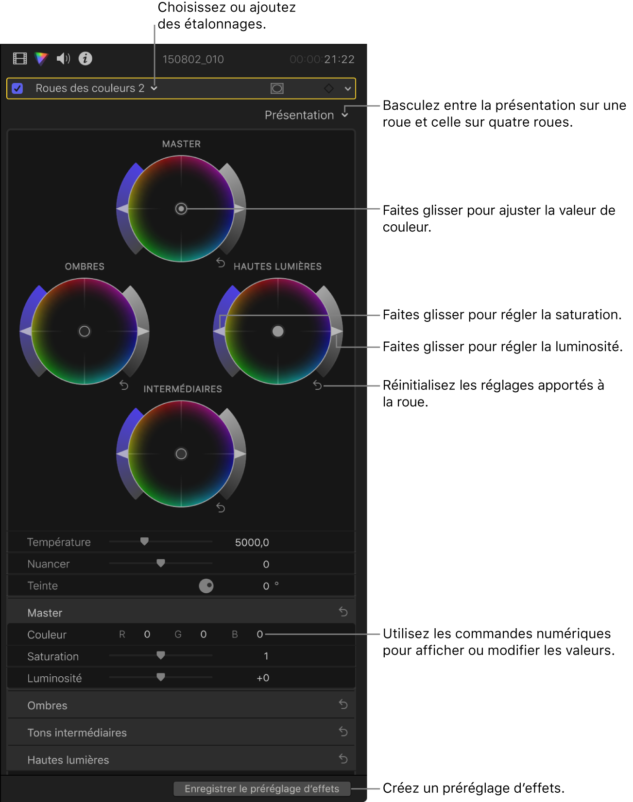 Commandes des roues des couleurs dans l’inspecteur de couleur