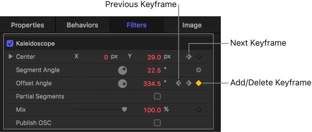 Informationsfenster mit den Steuerelementen für „Vorheriger Keyframe“, „Keyframe hinzufügen/löschen“ und „Nächster Keyframe“