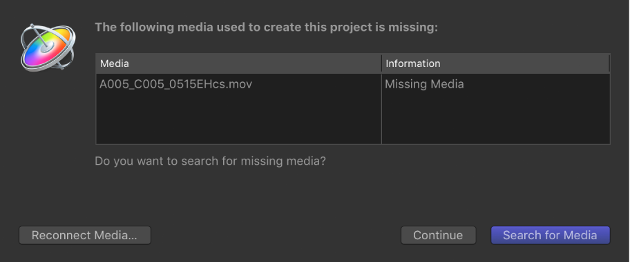 Dialog showing list of files with missing media