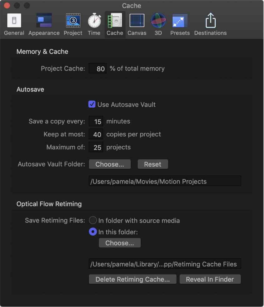 Motion Preferences window showing Cache pane