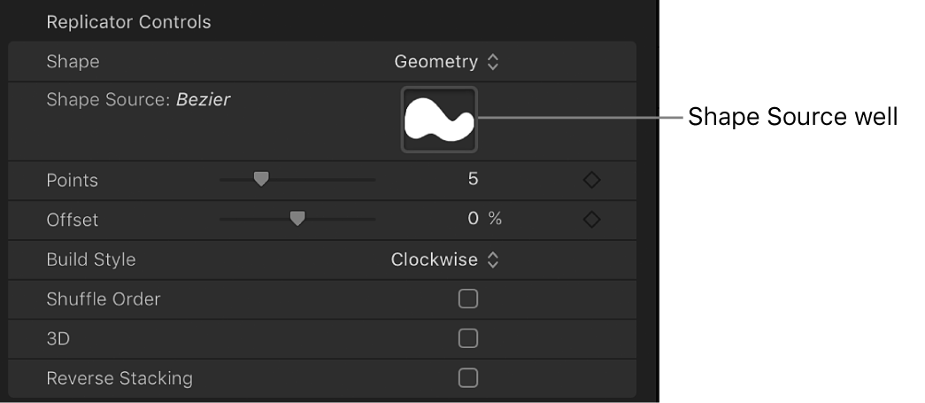 Replicator Inspector showing Shape Source well