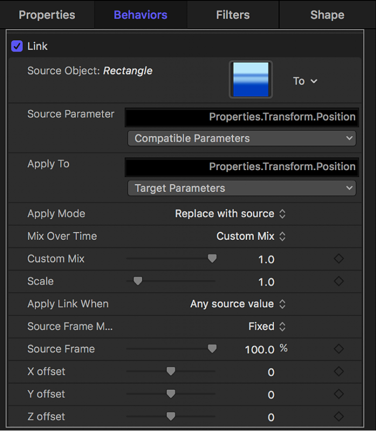 Inspector showing Link behavior