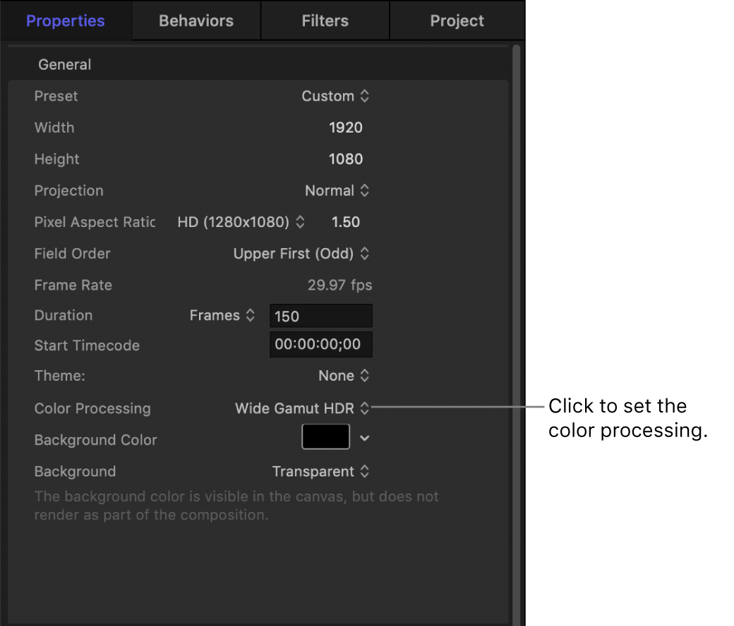 Project Properties Inspector showing Color Processing pop-up menu