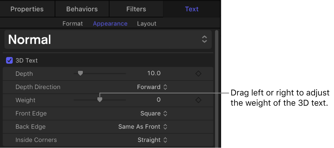 Appearance pane of the Text Inspector showing the Weight parameter