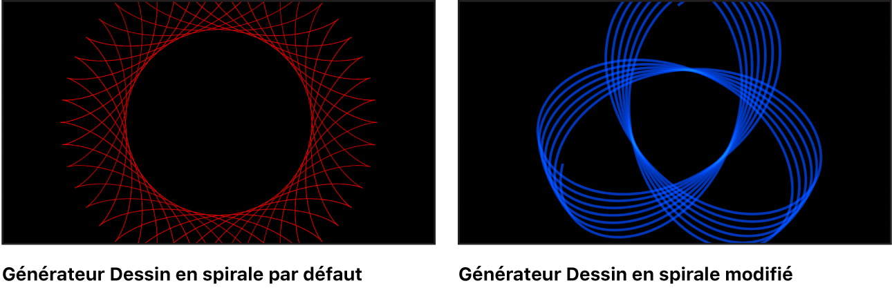 Canevas affichant le générateur Dessin en spirale avec un grand choix de réglages