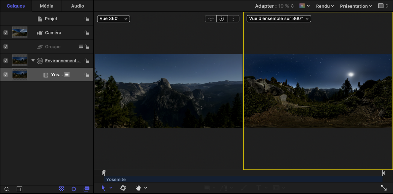 Canevas affichant la présentation Vue 360° (l’image projetée) dans la fenêtre d’affichage de gauche et la présentation Vue d’ensemble sur 360° (l’image équirectangulaire) dans la fenêtre d’affichage de droite