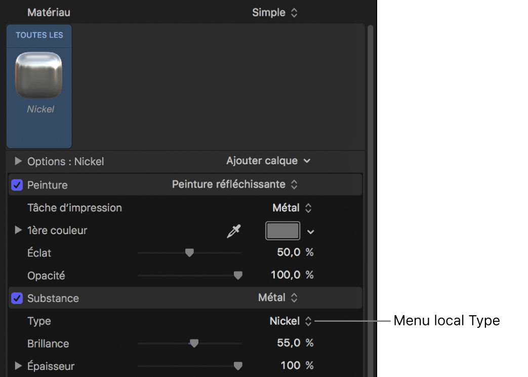 Menu local Type dans les commandes de substance Métal (fenêtre Apparence de l’inspecteur de texte)