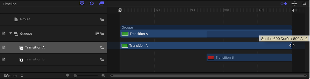 Glissement de la barre de temps de Transition A dans la timeline