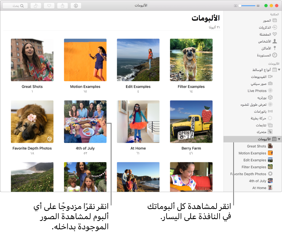 نافذة الصور مع تحديد "الألبومات" في الشريط الجانبي، وتظهر الألبومات التي قمت بإنشائها في النافذة على اليسار.
