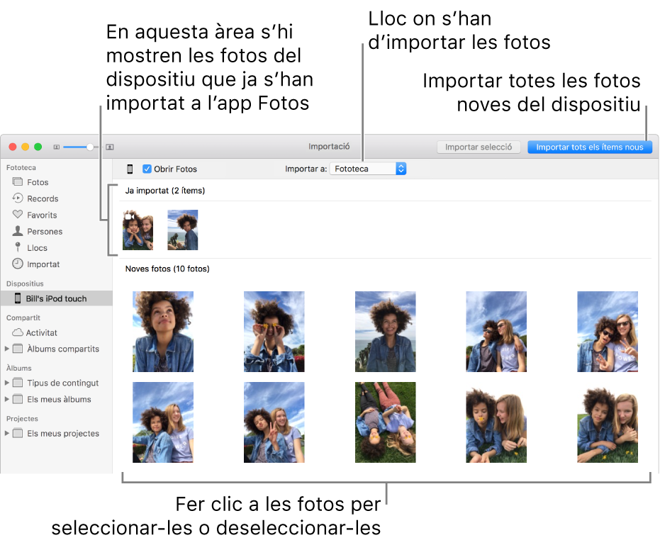 Les fotos del dispositiu que ja has importat es mostren a la part superior del tauler i les noves fotos es mostren a la part inferior. A la part superior central hi ha el menú desplegable ”Importar a”. El botó “Importar totes les fotos noves” és a la part superior dreta.