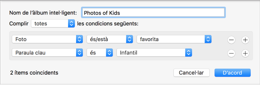 Un quadre de diàleg que mostra els criteris d’un àlbum intel·ligent.
