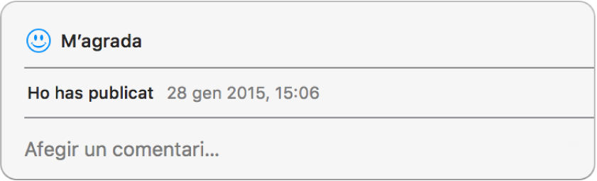 Una finestra que mostra les opcions “M’agrada” i de comentari per a una foto compartida.