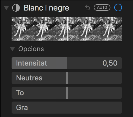La zona “Blanc i negre” del tauler Ajustar, amb els reguladors Intensitat, Neutres, To i Gra.