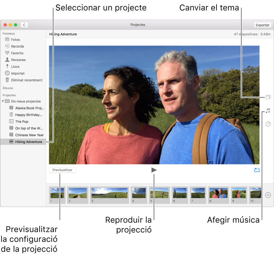Finestra de l’app Fotos que mostra una projecció a la part principal de la finestra, amb els botons Previsualitzar, Reproduir i Bucle sota la imatge principal de la projecció, miniatures de totes les imatges de la projecció a la part inferior de la finestra i, a la dreta, els botons Tema, Música i Durada.