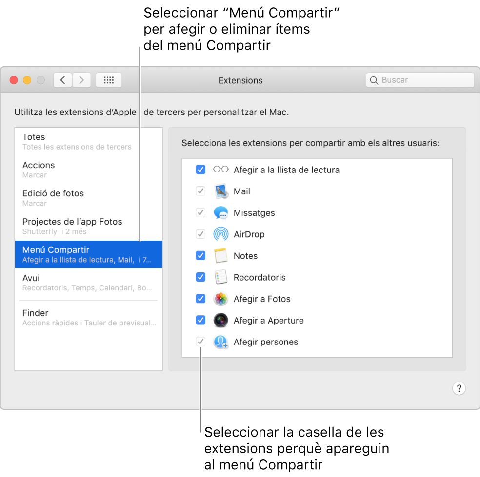 El tauler Extensions de les Preferències del Sistema, amb el menú Compartir seleccionat una llista d’extensions de tercers a la dreta.