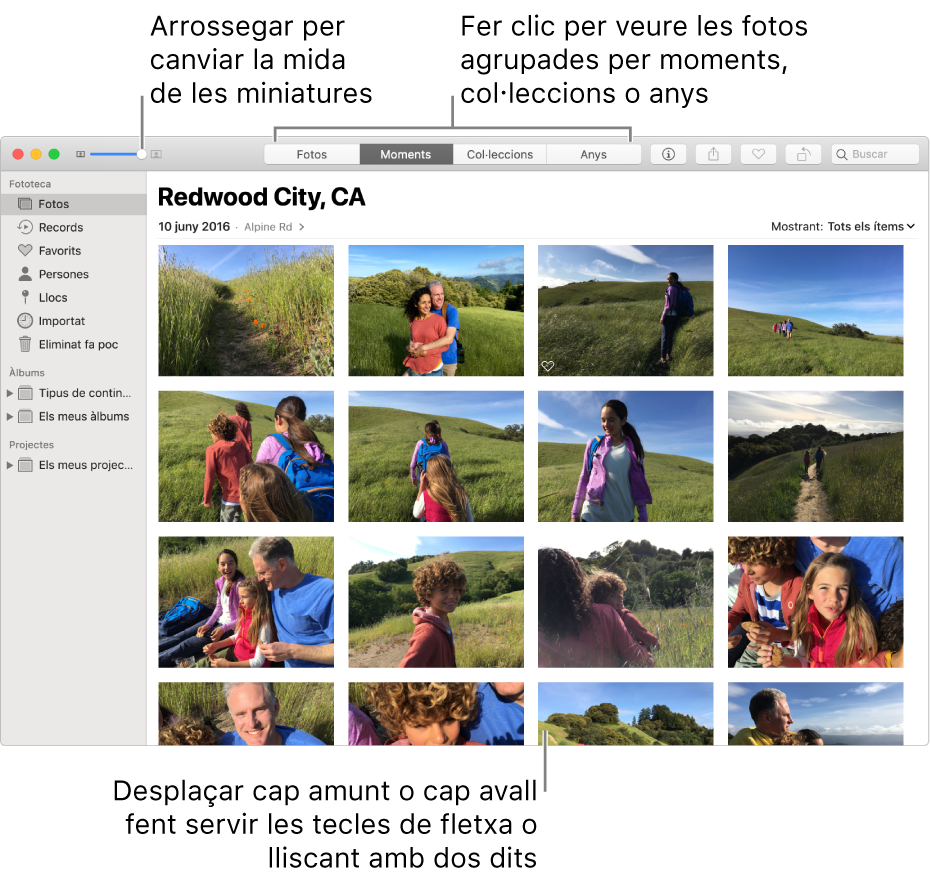 La finestra de l’app Fotos amb les fotos d’un moment.