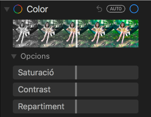La zona Color del tauler Ajustar, amb els reguladors Saturació, Contrast i Repartiment.