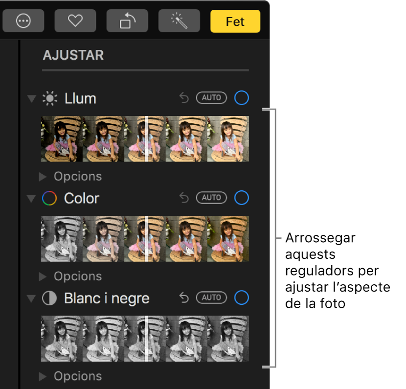 Els reguladors Llum, Color i “Blanc i negre” del tauler Ajustar. Hi ha un botó Automàtic al damunt de cada regulador.