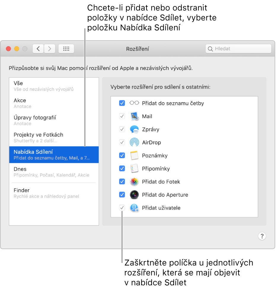 Panel Rozšíření v Předvolbách systému, na němž je napravo vidět zaškrtnuté políčko Nabídka sdílení a seznam rozšíření od nezávislých vývojářů